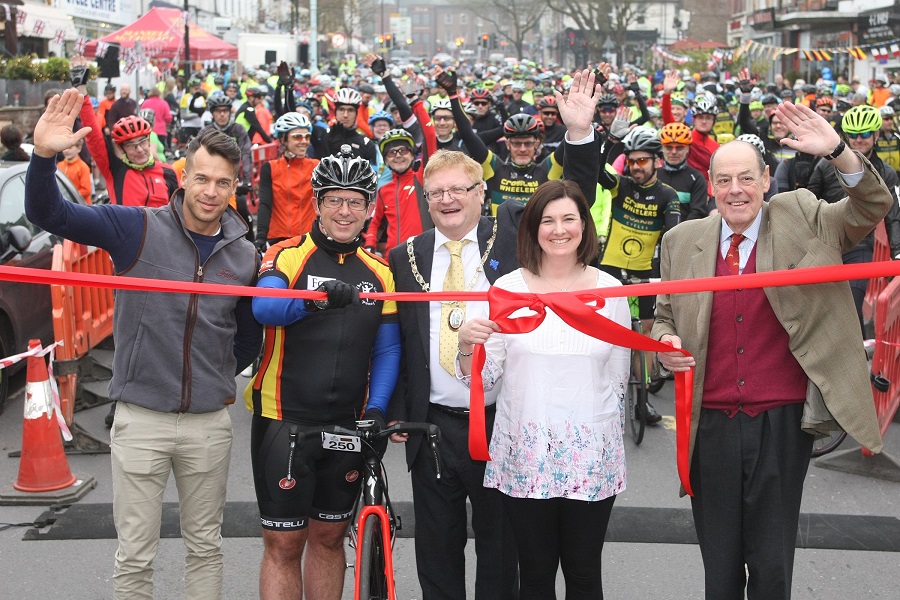 Sir Nicholas starting the annual Greater Haywards Heath Bike Ride on Sunday, 15th April, 2018 (Photo courtesy of the Mid Sussex Times)