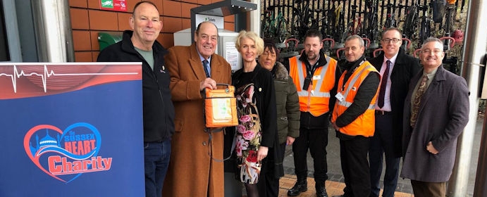 Sir Nicholas with Steve Morris, Charity Life Support Trainer and local campaigner, promoting life-saving equipment at East Grinstead Station